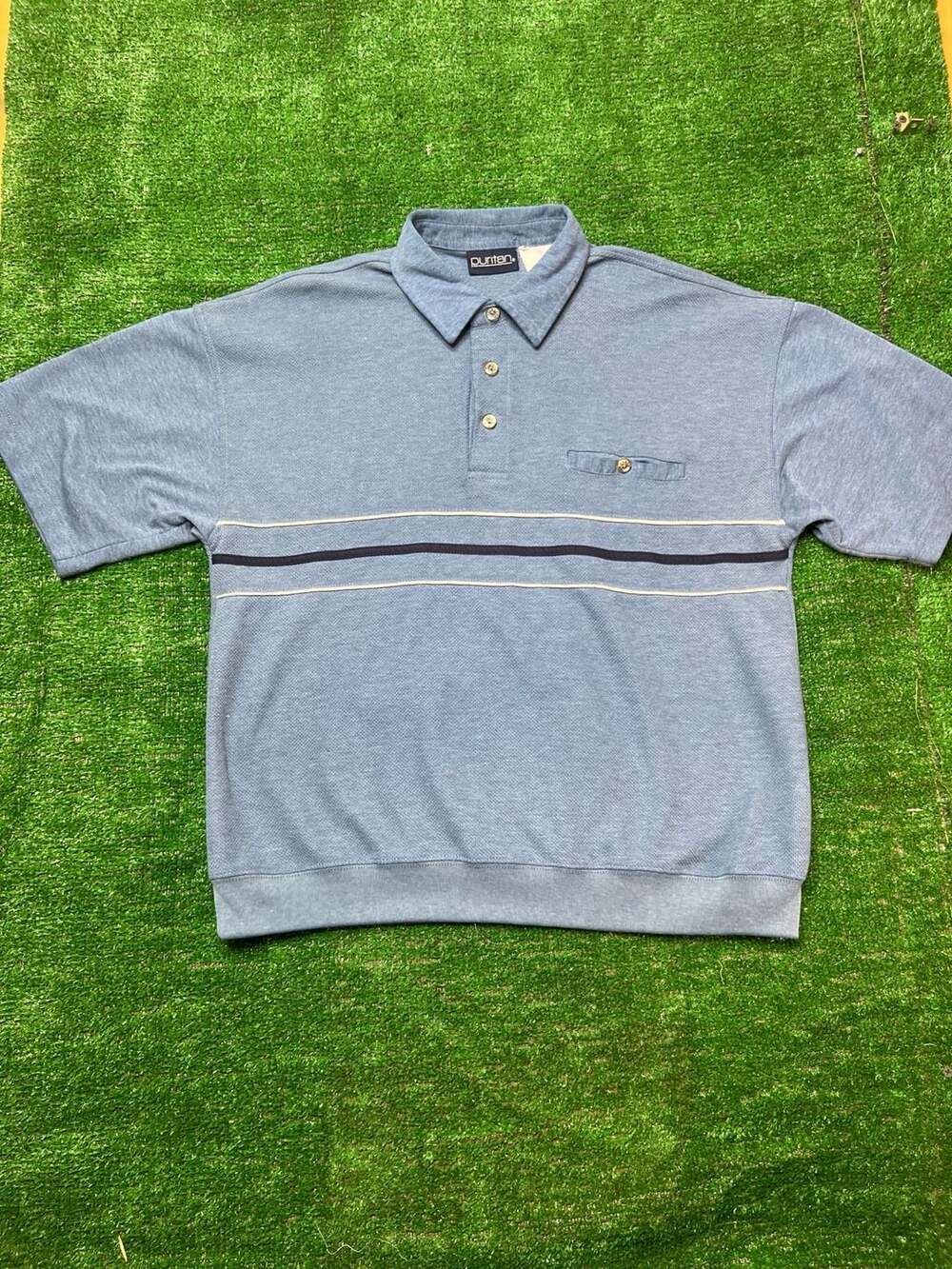 Puritan Vintage Polo Shirt Blue Textured Striped Pocket Short Sleeve